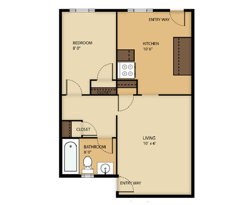A floor plan of an apartment with one bedroom and one bathroom.